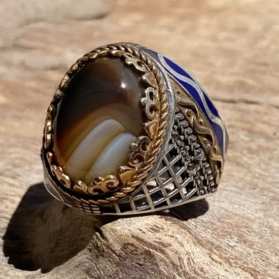 New sultani 925 Sterling Silver men ring natural yemeni sultani agate aqeeq جزع