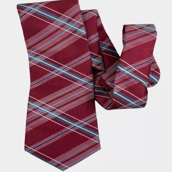 Croft & Barrow Red Blue Striped Plaid Repp Silk Blend Necktie Tie 3.8" x 58"