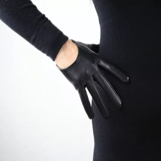 TECH GLOVES Real Leather 13cm Extra Short Lambskin Sheepskin Cut Out Crop BLACK