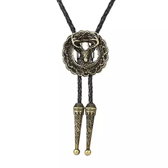 Vintage Bolo Tie Western Cowboy Indian Deer Head Mens Necklace PU Rope Alloy