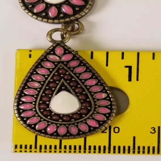 Enamel Dangle Drop Earrings Brass Tone Circle Teardrop French Wire Pink White