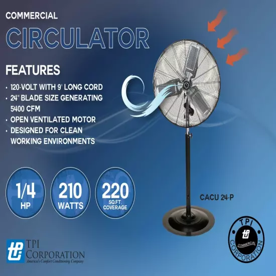 TPI CACU24-P 24" Commercial Air Circulator Pedestal Mount 3400/3100/2800CFM 120V