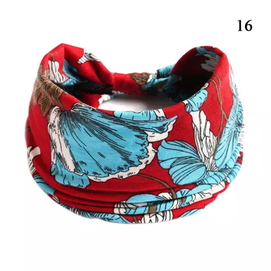 Women Boho Flower Print Wide Headband Vintage Knot Elastic Turban Headwrap *