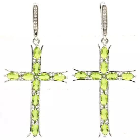 Classic Long Cross Shape Green Peridot CZ Fashion Jewelry Silver Earrings