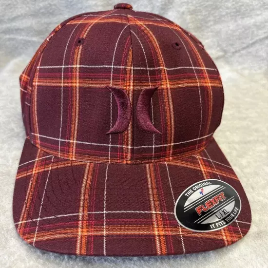 Hurley Hat Cap Flexfit Plaid Orange Red Brown L-XL Yupoong Puerto Rico Surf