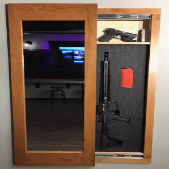  Hidden storage mirror, In-wall gun safe concealment cabinet - CHERRY