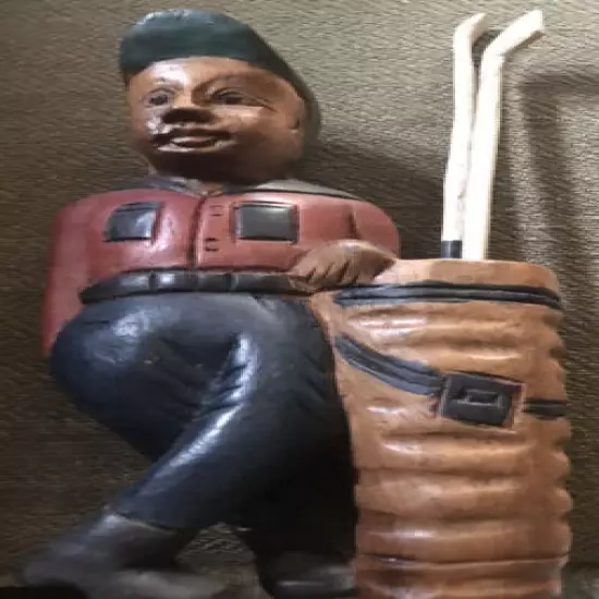 Wooden Golfer Statue W/Bag And Clubs