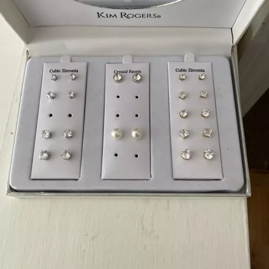 Kim Rogers CZ Metal Faux Pearl 15 Pair Stud Earrings Mega Box Set NIB