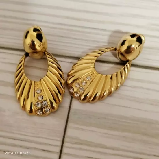 Gold Tone Women's Unbranded Drop Doorknockers Post Earrings Rhinestone Accents