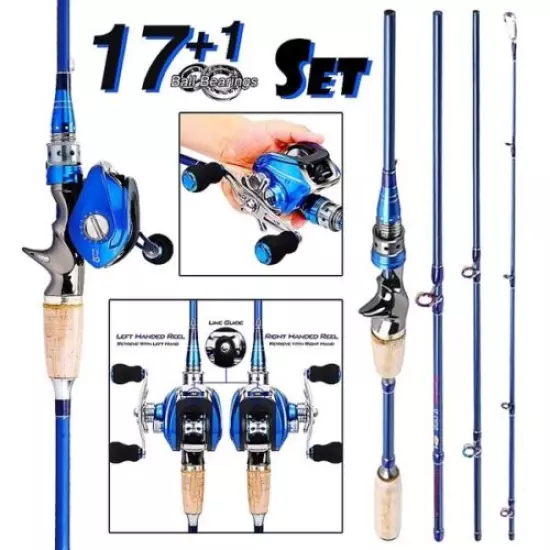 2.4M Carbon 4 Pieces Fishing Rod w/18BB Baitcasting Reel Freshwater, Right Hand