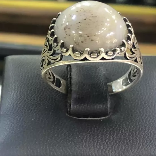 Royal Men Ring 925 Silver Yemen Agate Aqeeq خاتم عقيق يمني ابيض