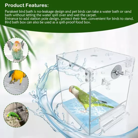 PINVNBY Bird Bath Box for Cage,Transparent 4.9 x 5.0 x 6.4 inch, Transparent 