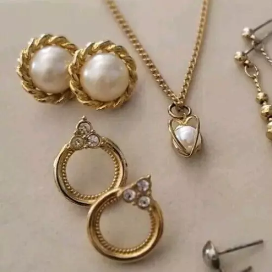 15pc. Lot | Pierced Earrings Necklace | Pearl Hoops | Gold-tone | Rhinestones