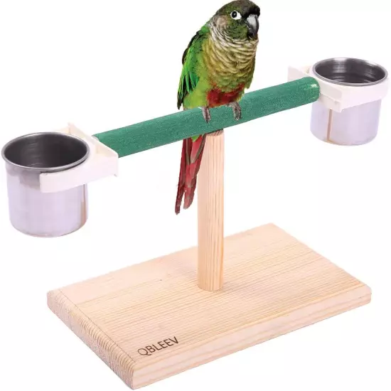 Bird Play Stands with Feeder Cups Dishes, Tabletop T Parrot Perch, Wood Bird Pla