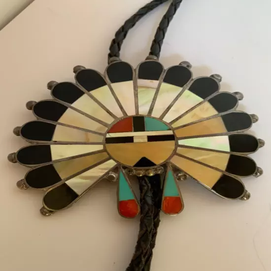 Vintage Zuni Anna Lee Tekala Native American Multi-Gemstone Sun Face Bolo Tie