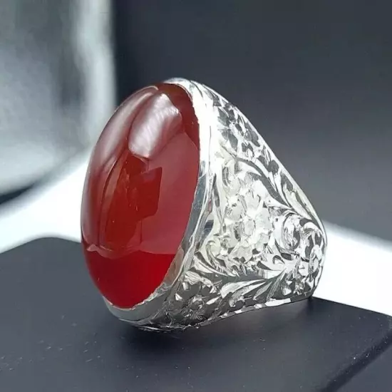 Deep Red Mens Agate Ring - Yemeni Aqeeq Ring in 925 Sterling Silver