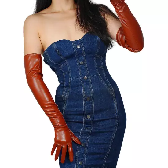 DooWay OPERA LONG LATEX GLOVES Faux Leather PU Stretchy 24-inch Brown Women E...