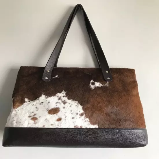 Women Cowhide Tote Bag Real Hair On Tricolor Shoulder Bag Cowhide Fur Purse Bag