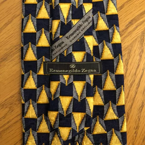 Ermenegildo Zegna Silk Tie, Blue & Gold Geometric Design