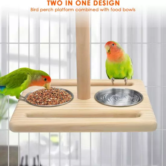 Bird Perch Parrot Platform Bird Stand Parrot Playground with 2 Removable Feeding