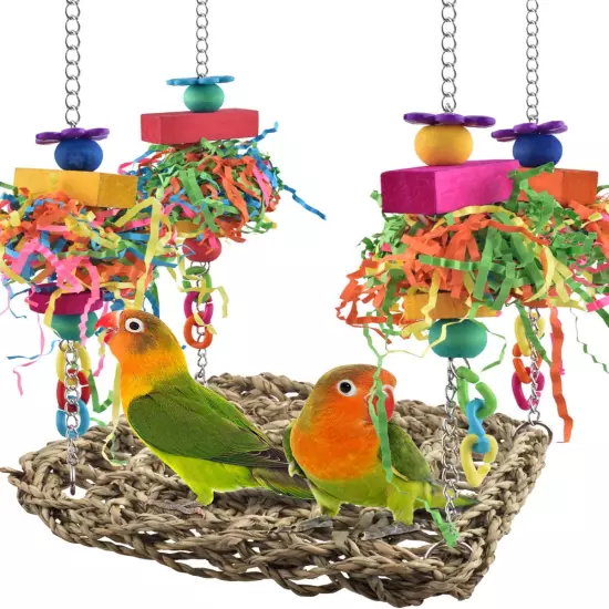 Conure Toys, Bird Grass Swing Mat Parrot Climbing Hammock with Colorful Toys for