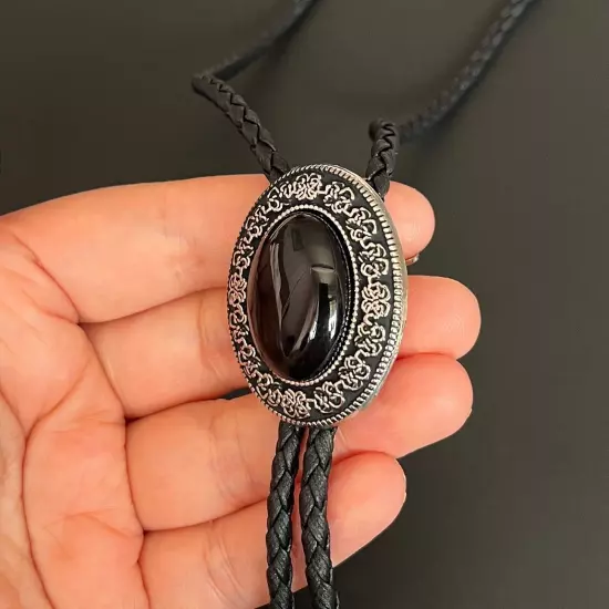 Natural Black Onyx Stone Bolo Tie Western Vintage Alloy PU Rope Wedding Necklace