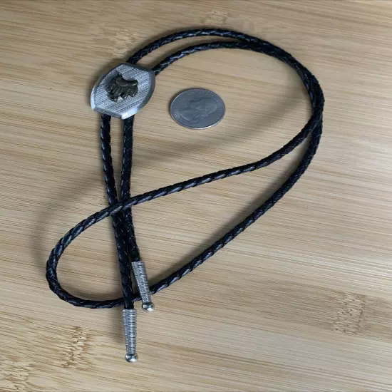 Vintage Bolo Tie Saddle Silver Tone Black Leather Cord Country Western Wear