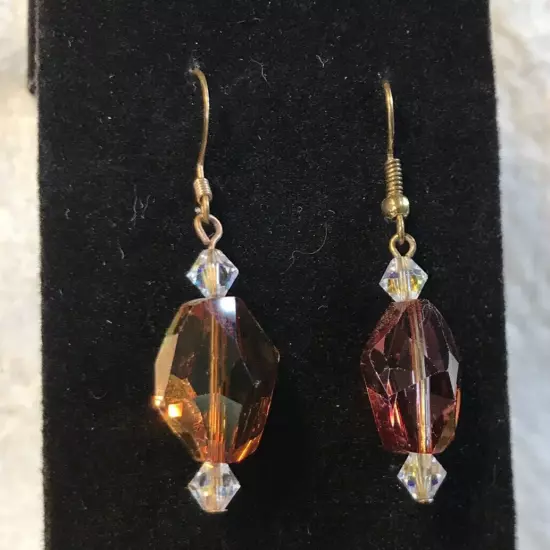 Handmade Bronze Tone 3/4" Crystal Dangle Earrings Red Orange Clear