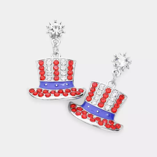 American USA Flag Rhinestone Hat Dangle Earrings