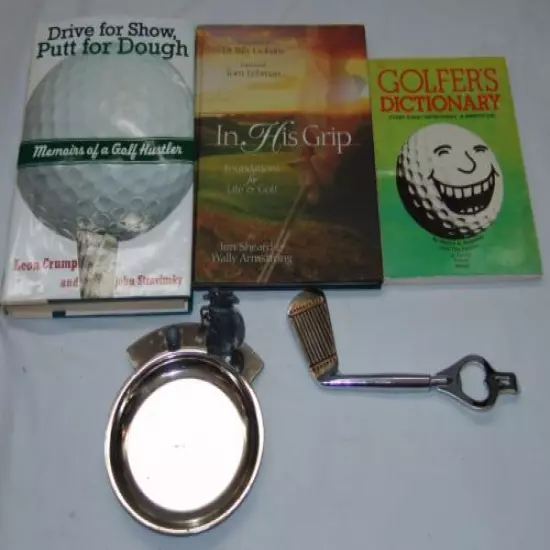 Golf Gift Lot Books Ash Tray Bottle Opener Devotion In His Grip Golfers Dictiona