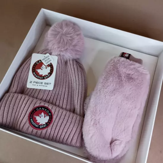 Canada Weather Gear Hat and Mittens Logo Pink Thermal Plush Lined Set NIB Winter