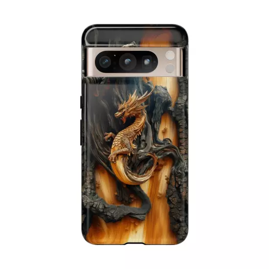 For iPhone, Samsung Galaxy, Pixel - Phone Case Cover - Carved Wood Dragon Print