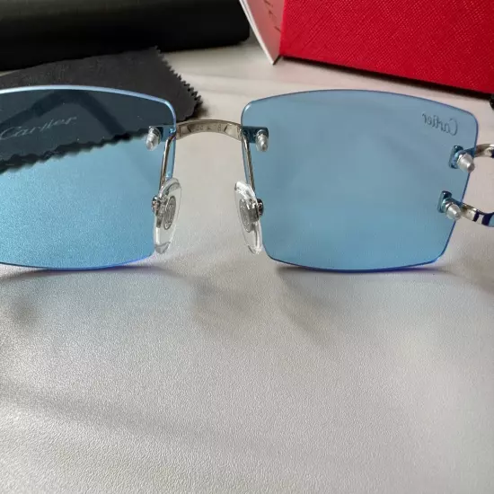 Men Cartier Sunglasses Rimless Glasses Blue Lenses Eyeglasses