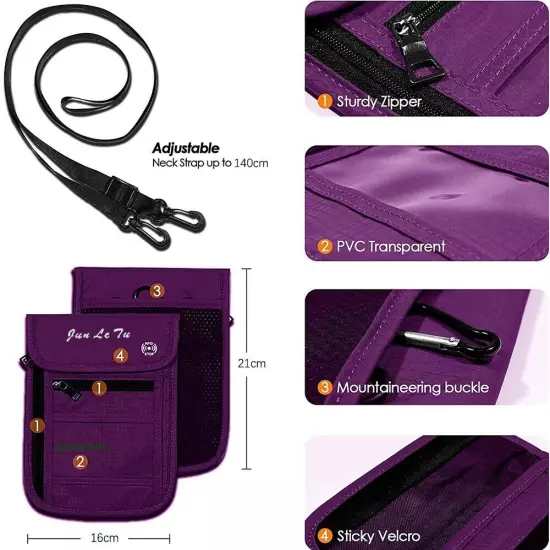 Travel Neck Pouch Waterproof Passport Holder with RFID Blocking Purple