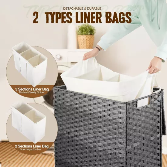 Laundry Hamper with Lid, 125L Large Clothes Hamper with 3 Section & 2 Section...