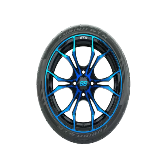 Set of 4 GTW 15" Spyder Blue/Black Golf Cart Wheels on 22" Fusion Street Tires