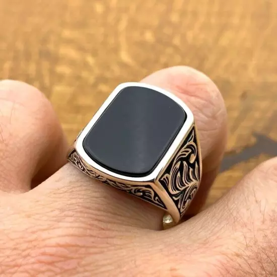 Solid 925 Sterling Silver Men's Ring With Black Onyx Natural Gemstone Jewelry