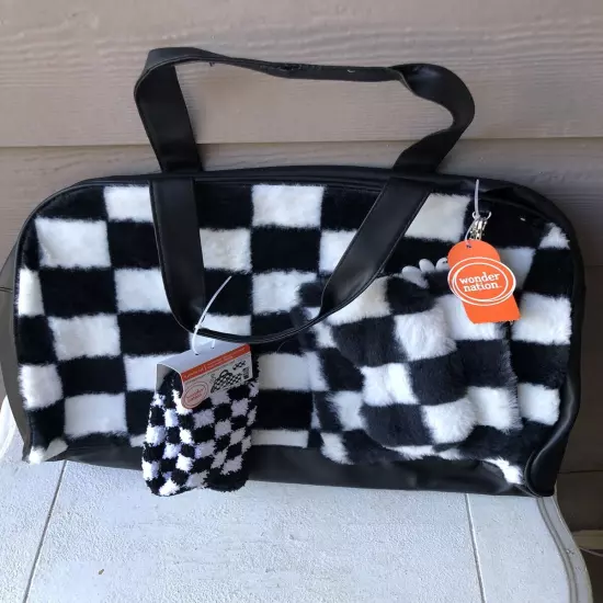 NWT Wonder Nation Girl's Check Sherpa Weekender Duffle Handbag Set Black & White