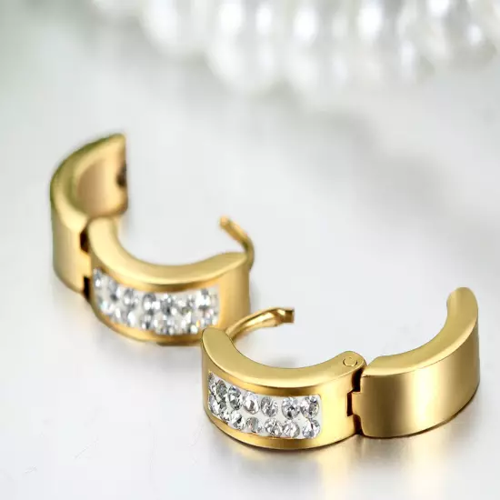 Men's Women's Unisex Stainless Steel Rhinestone Charm Hoop Huggie Earrings 2PCS