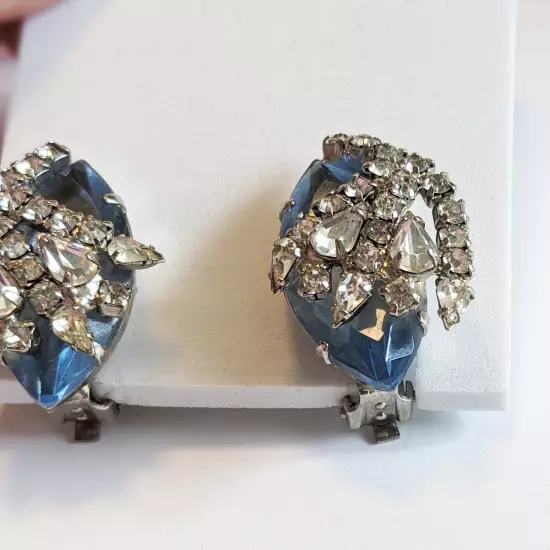 Huge Unique Vintage Rhinestone Earrings Clear Rhinestones over large blue stone