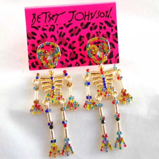 NEW BETSEY JOHNSON MULTICOLOR RHINESTONE SKELETON HALLOWEEN DROP DANGLE EARRINGS