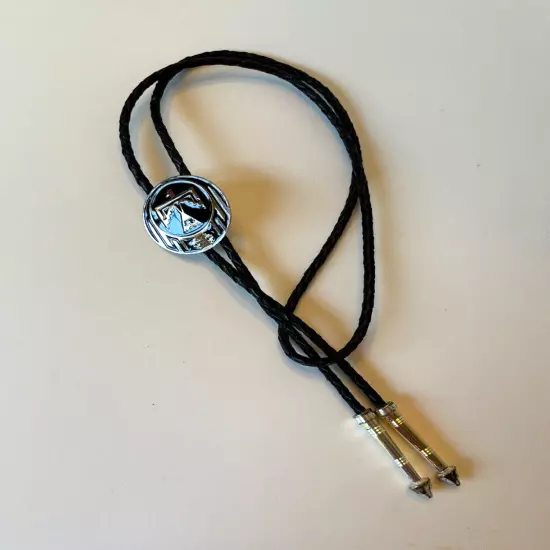 Vtg THUNDERBIRD Bolo Tie Western Necktie Black Leather Cord 1.5" Round Slide