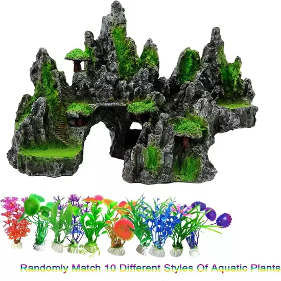 Aquarium Mountain View Stone Ornament Tree Rock Cave Resin Fish Tank Decoration 