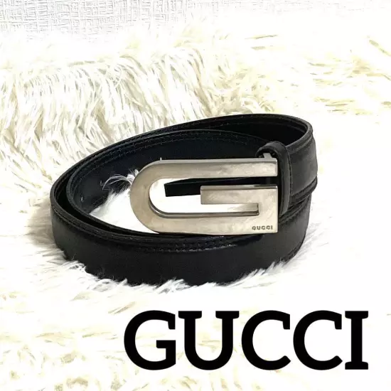 GUCCI Belt G Logo Leather Silver Hardware Black Men