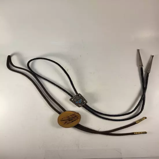 2 Bolo Ties Lorenta Mexico Silver? Road Runner On Wood Slice