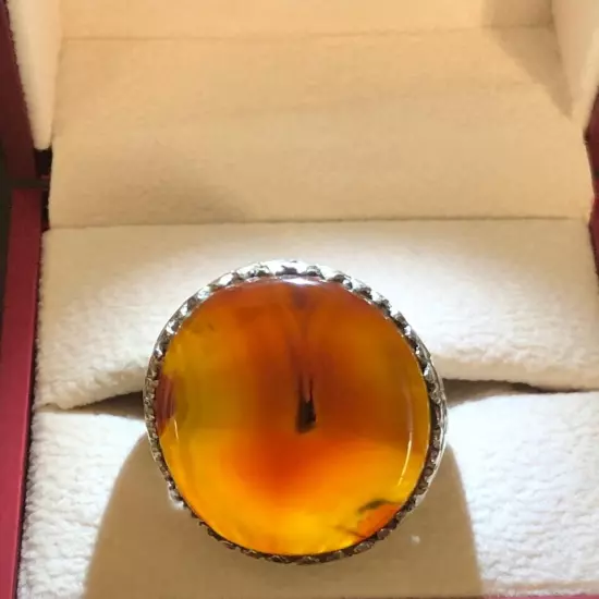 Agate Ring Men Silver 925,Yemen,Aqeeq,,Rare,Royal,خاتم عقيق يمني كبدي مصور فحل