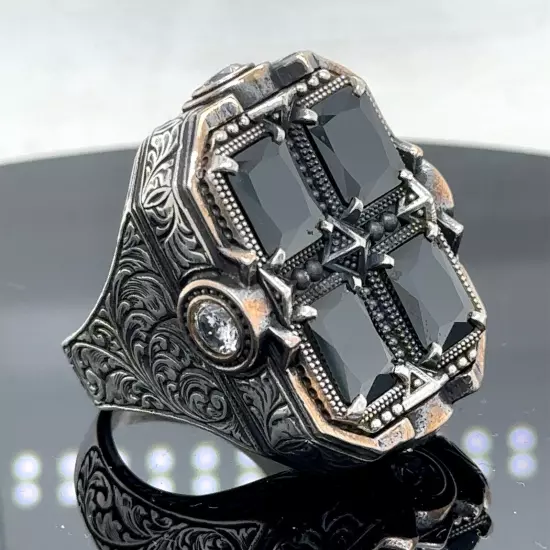 925 Men Silver Large Square Black Onyx Ring Handmade Men Sterling Silver Ring