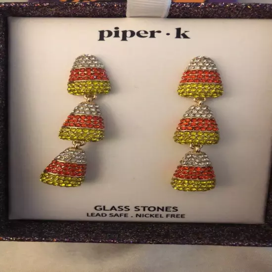 Piper K Gold Tone Triple Candy Corn Drop Earrings Glass Crystal Accents NIB