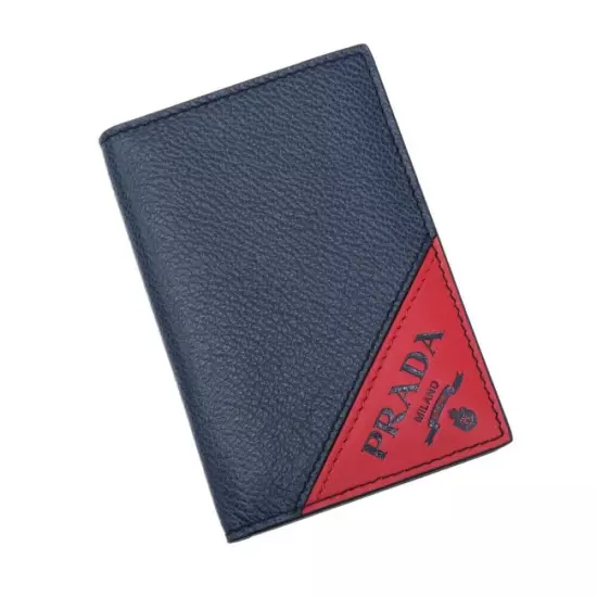 Prada Embossed Logo Leather Card Case Card Holder Navy Blue