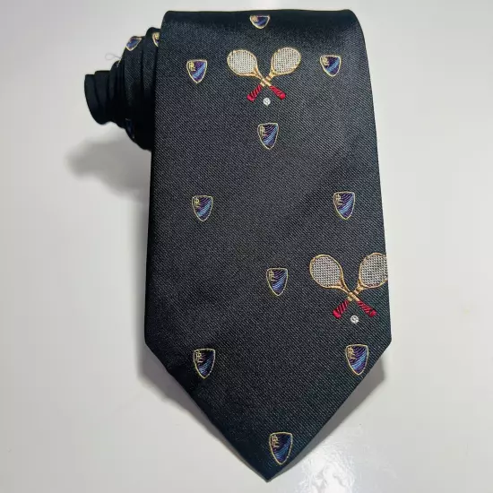 Polo Ralph Lauren Black Repp Silk Tie w Racquet And Crest 57.5x3.5” 